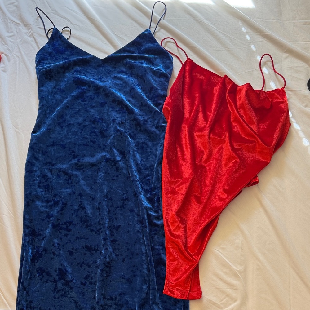 Velvet Slip Dress - Blue and Red Adjustable Spaghetti Straps